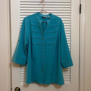 Cathy Che Stretch Teal Mandarin Collar Blouse 14/16W